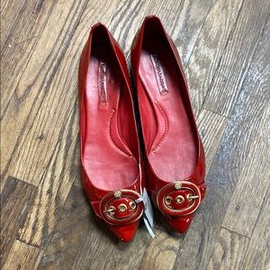 Bandolino Red Pointed-Toe Patent Ballet Flats with Gold Hardware
